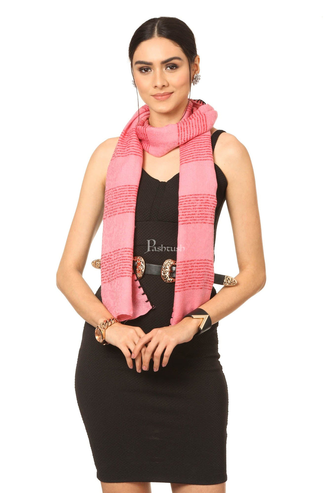 Pashtush India Womens Stoles and Scarves Scarf Pashtush Fine Wool Luxury Striped Design Scarf, Stole, Weaving Design - Pink
