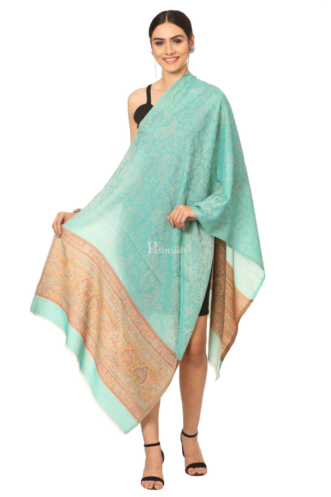 Pashtush India Womens Stoles and Scarves Scarf Pashtush Fine Wool Luxury Striped Design Scarf, Stole, Weaving Design - Sea Green