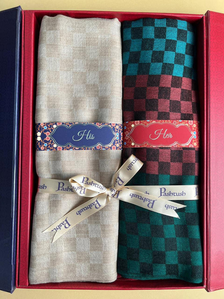 Pashtush India Gift Pack Pashtush His and Her Set of Stoles with Premium Gift Box Packaging, Taupe and Multicoloured.