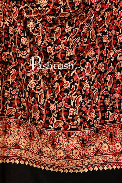 Pashtush India Stole Pashtush Kashmiri Aari Embroidery Stole, Fine Wool, Black