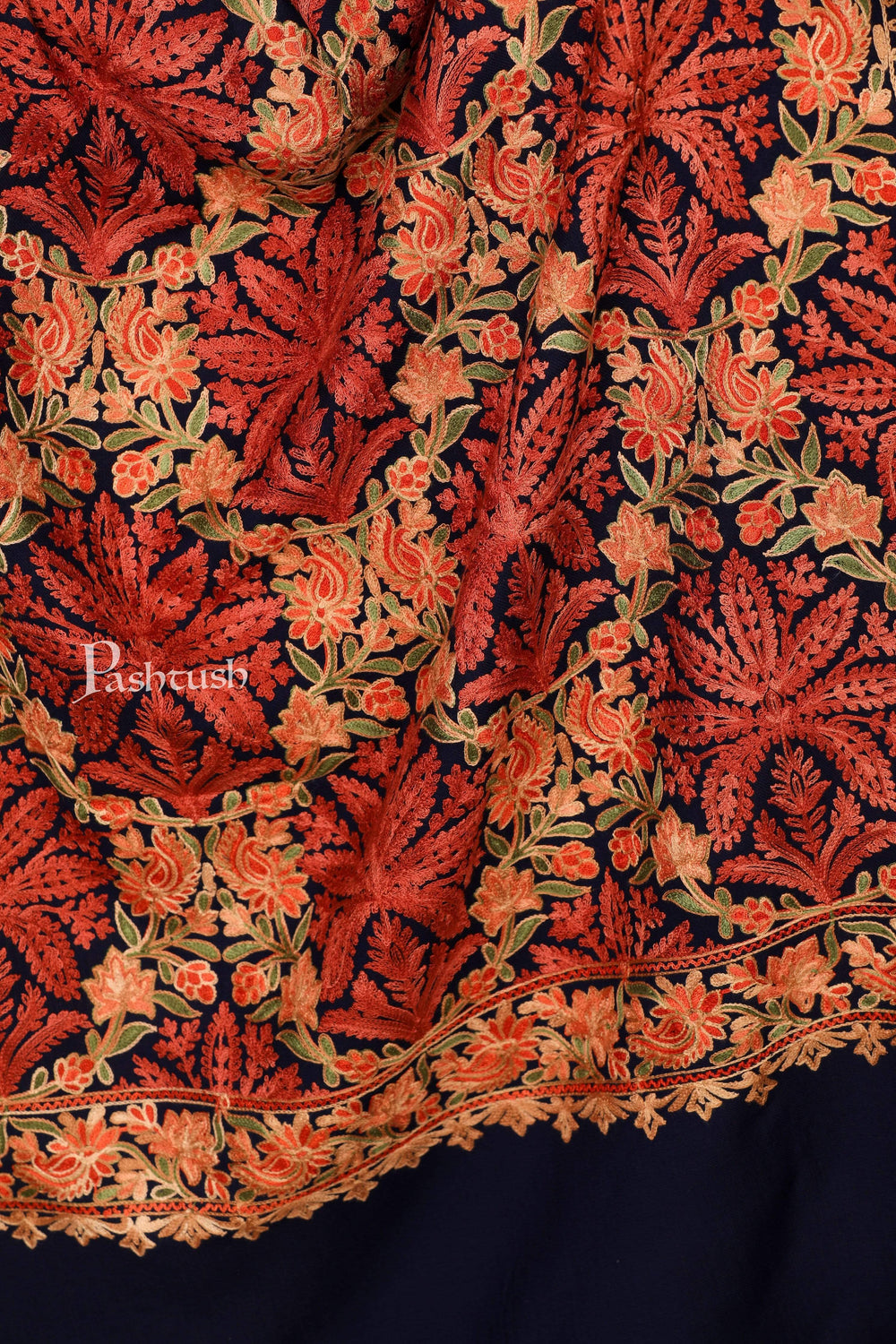 Pashtush India 70x200 Pashtush Kashmiri Aari Embroidery Stole, Fine Wool, Black