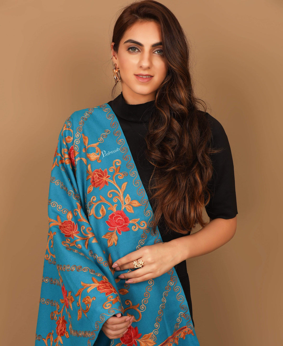 Pashtush India 70x200 Pashtush Kashmiri Aari Embroidery Stole, Fine Wool, Blue