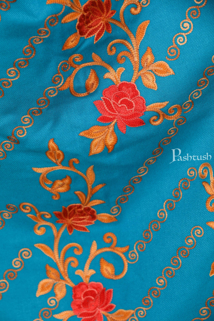 Pashtush India 70x200 Pashtush Kashmiri Aari Embroidery Stole, Fine Wool, Blue