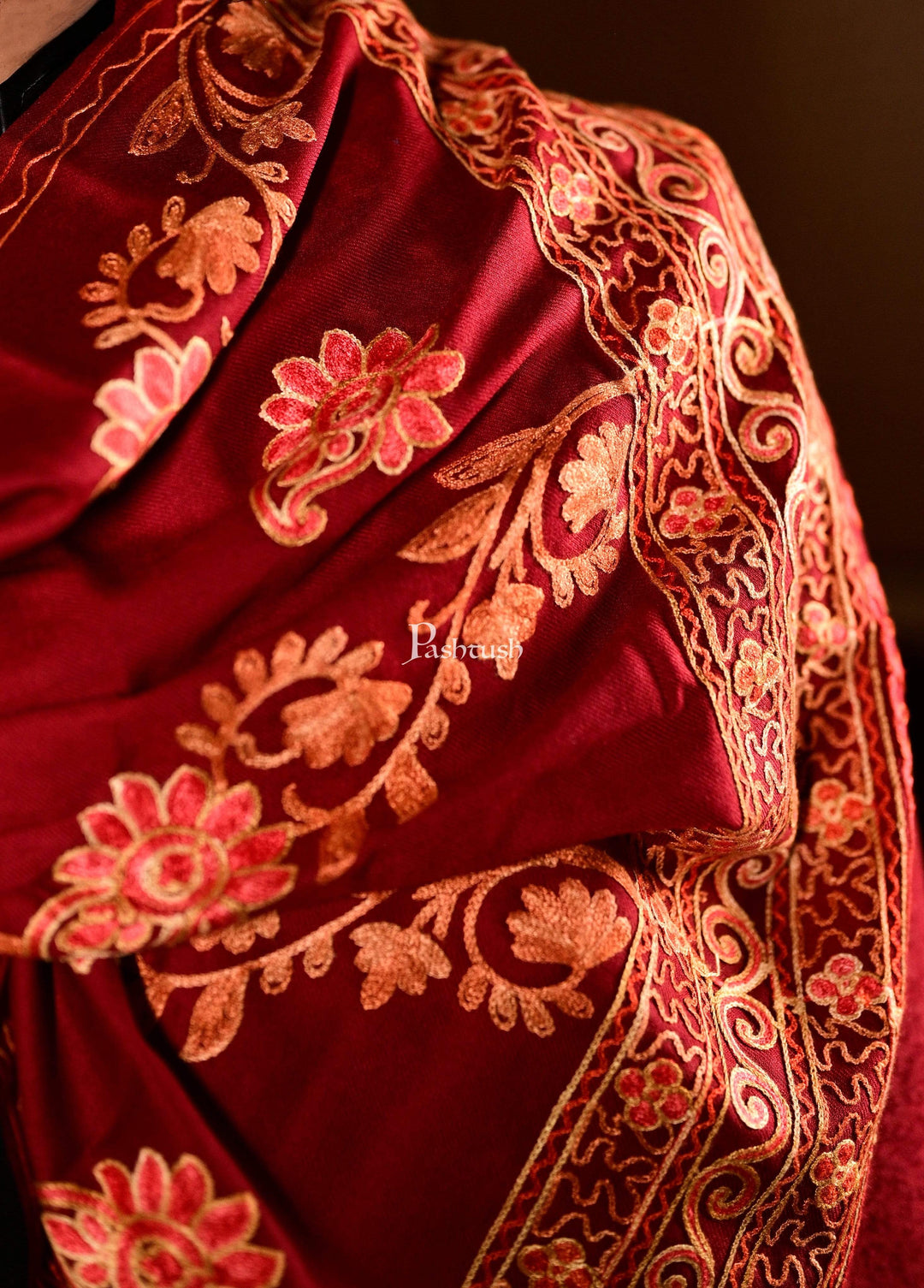 Pashtush India 100x200 Pashtush Kashmiri Aari Embroidery Stole, Fine Wool, Maroon