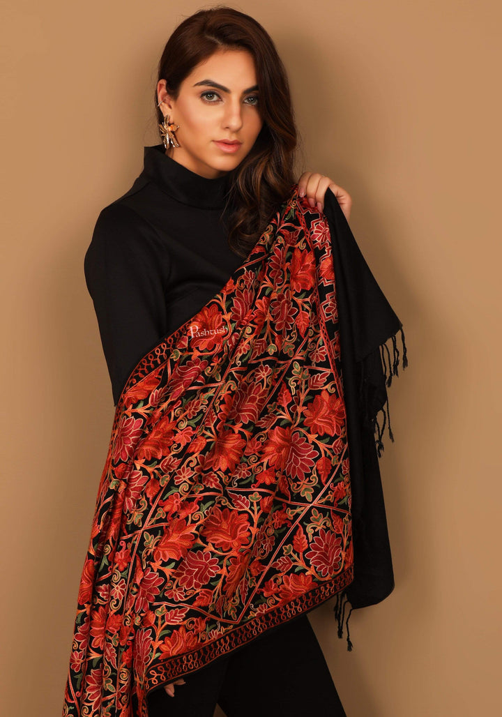 Pashtush India 70x200 Pashtush Kashmiri Aari Embroidery Stole, Fine Wool, Rich Black