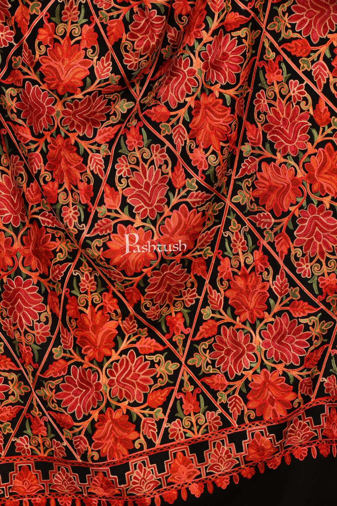 Pashtush India 70x200 Pashtush Kashmiri Aari Embroidery Stole, Fine Wool, Rich Black