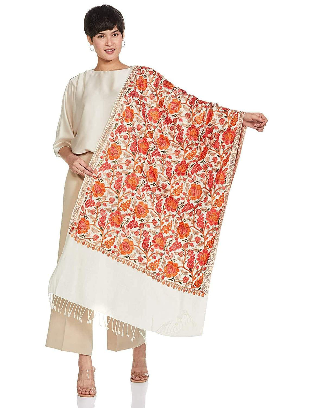 Pashtush India 70x200 Pashtush Kashmiri Aari Embroidery Stole, Fine Wool, White