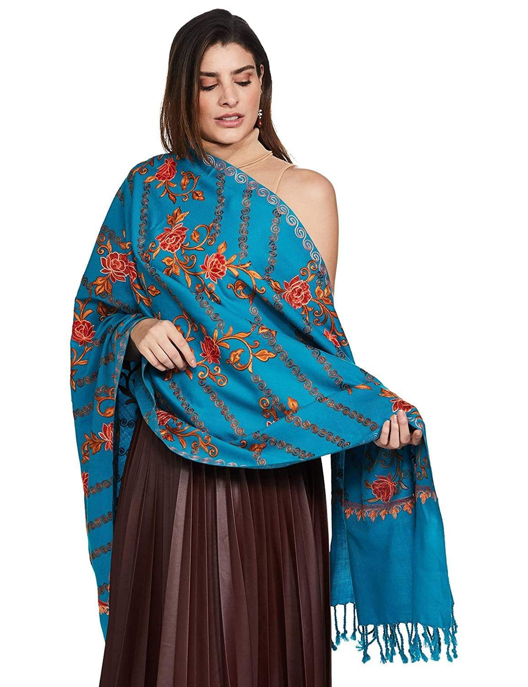 Pashtush India 70x200 Pashtush Kashmiri Aari Embroidery, Woollen Stole, Blue