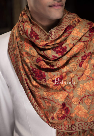 Pashtush India 70x200 Pashtush Kashmiri Mens Aari Embroidery Stole, Fine Wool, Beige
