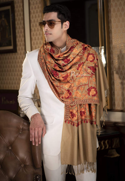 Pashtush India 70x200 Pashtush Kashmiri Mens Aari Embroidery Stole, Fine Wool, Beige