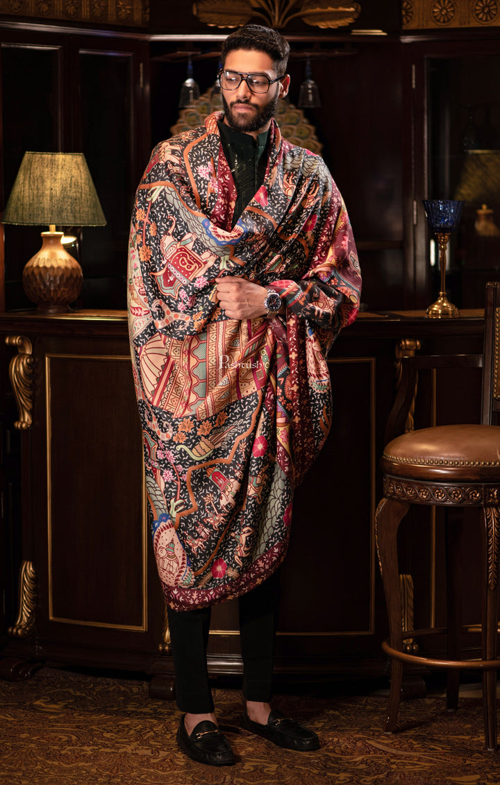 Pashtush India Mens Shawls Gents Shawl Pashtush men 100% Pure Wool with Woolmark Certificate shawl, Darbar printed design, Multicolour