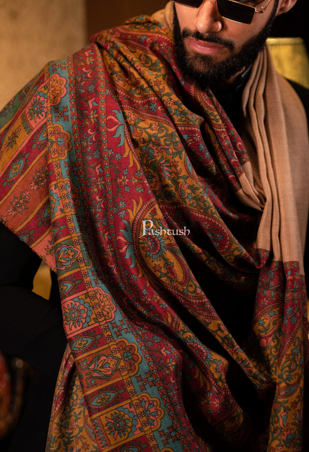 Pashtush India Mens Shawls Gents Shawl Pashtush men Extra Fine Wool Printed Palla shawl, Multicolour