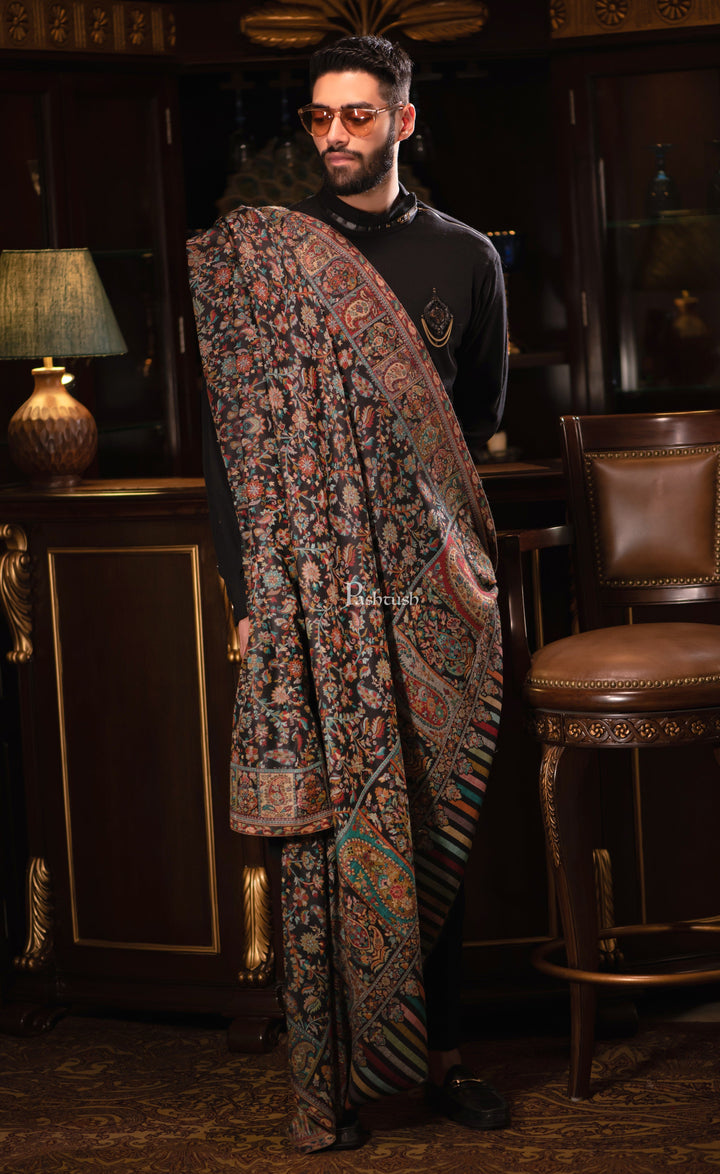 Pashtush men Extra Fine Wool shawl, ethnic design, Mens Lohi, Full size, Black