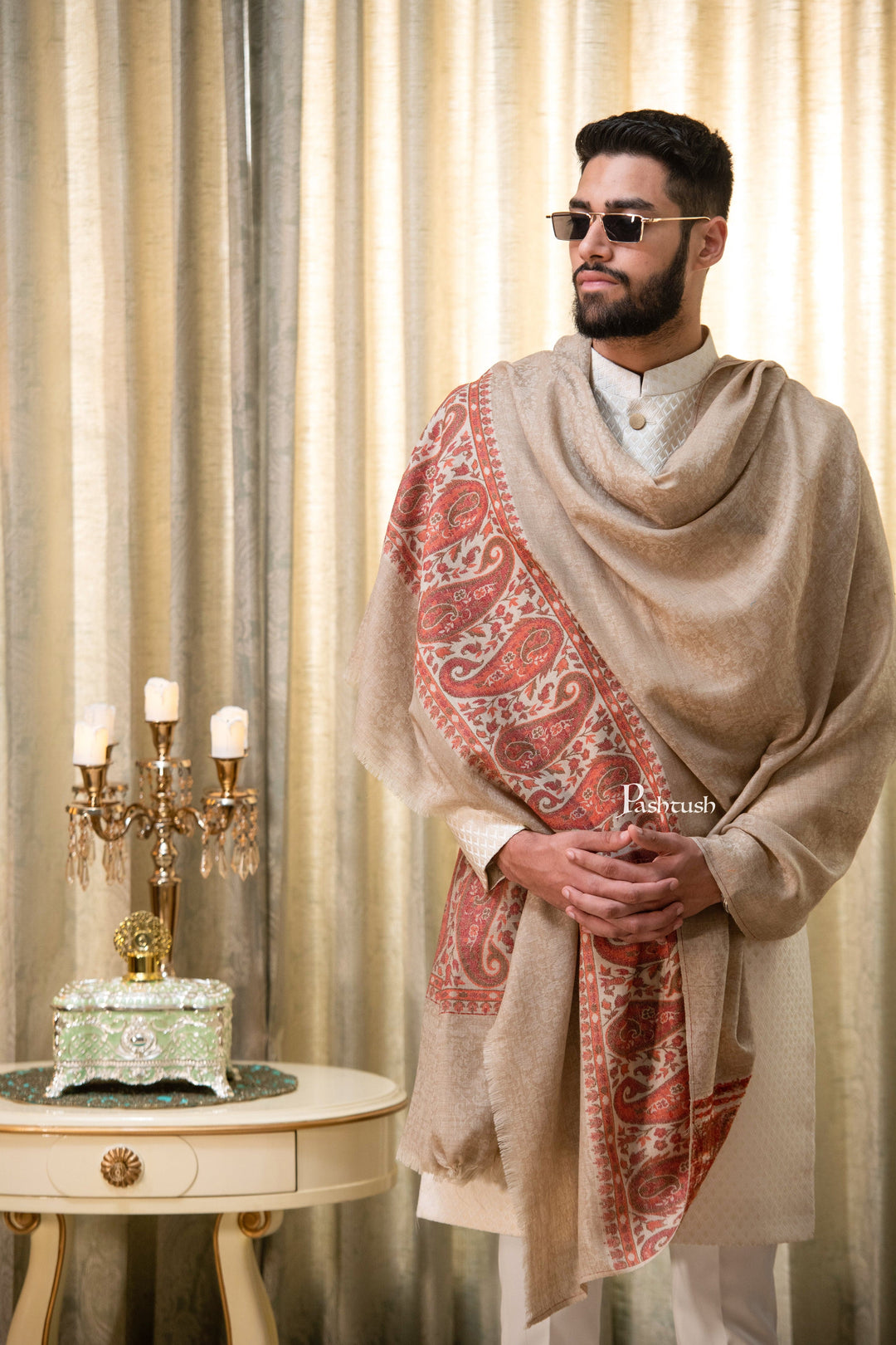 Pashtush men Extra Fine Wool shawl, Ethnic Palla design,light Beige