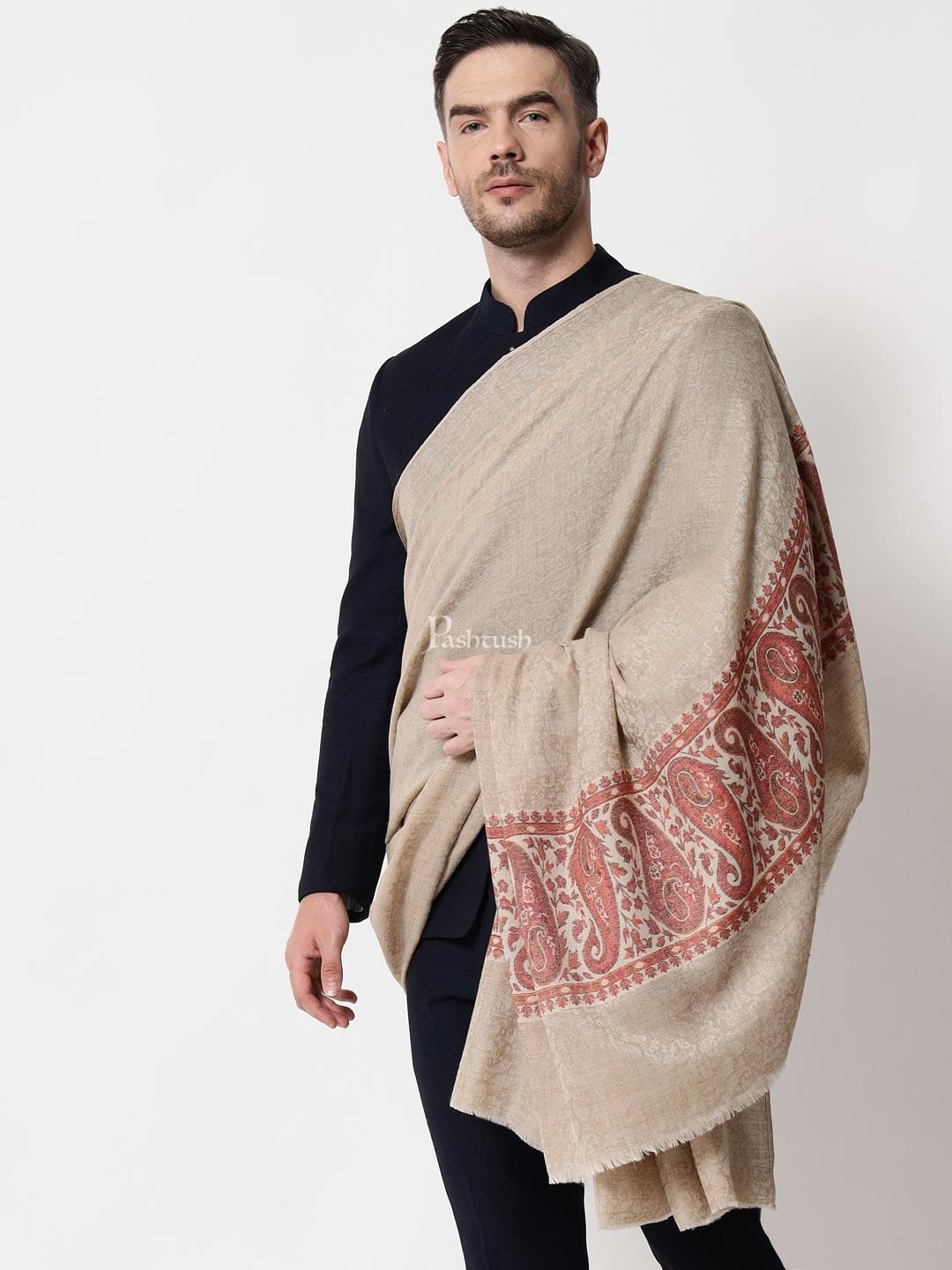 Pashtush India Mens Shawls Gents Shawl Pashtush men Extra Fine Wool shawl, Ethnic Palla design, Beige