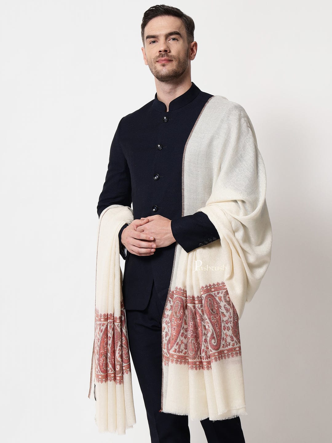 Pashtush India Mens Shawls Gents Shawl Pashtush men Extra Fine Wool shawl, Ethnic Palla design, Ivory