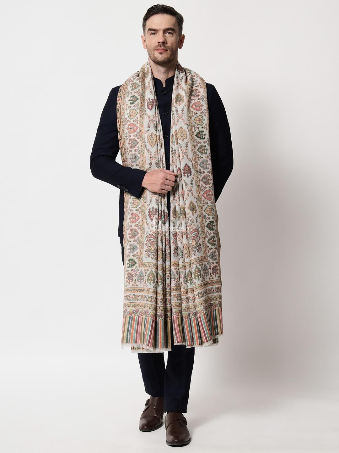 Pashtush India Mens Shawls Gents Shawl Pashtush men Extra Fine Wool shawl, Ethnic weave design, Ivory