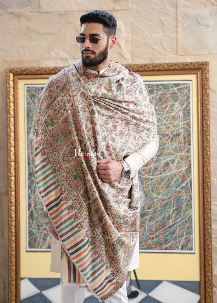 Pashtush India Mens Shawls Gents Shawl Pashtush men Extra Fine Wool shawl, Ethnic Weave, Full Size, Ivory