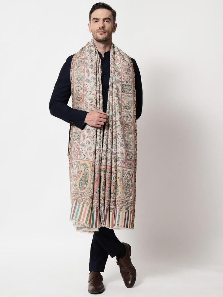 Pashtush India Mens Shawls Gents Shawl Pashtush men Extra Fine Wool shawl, Ethnic Weave, Full Size, Ivory
