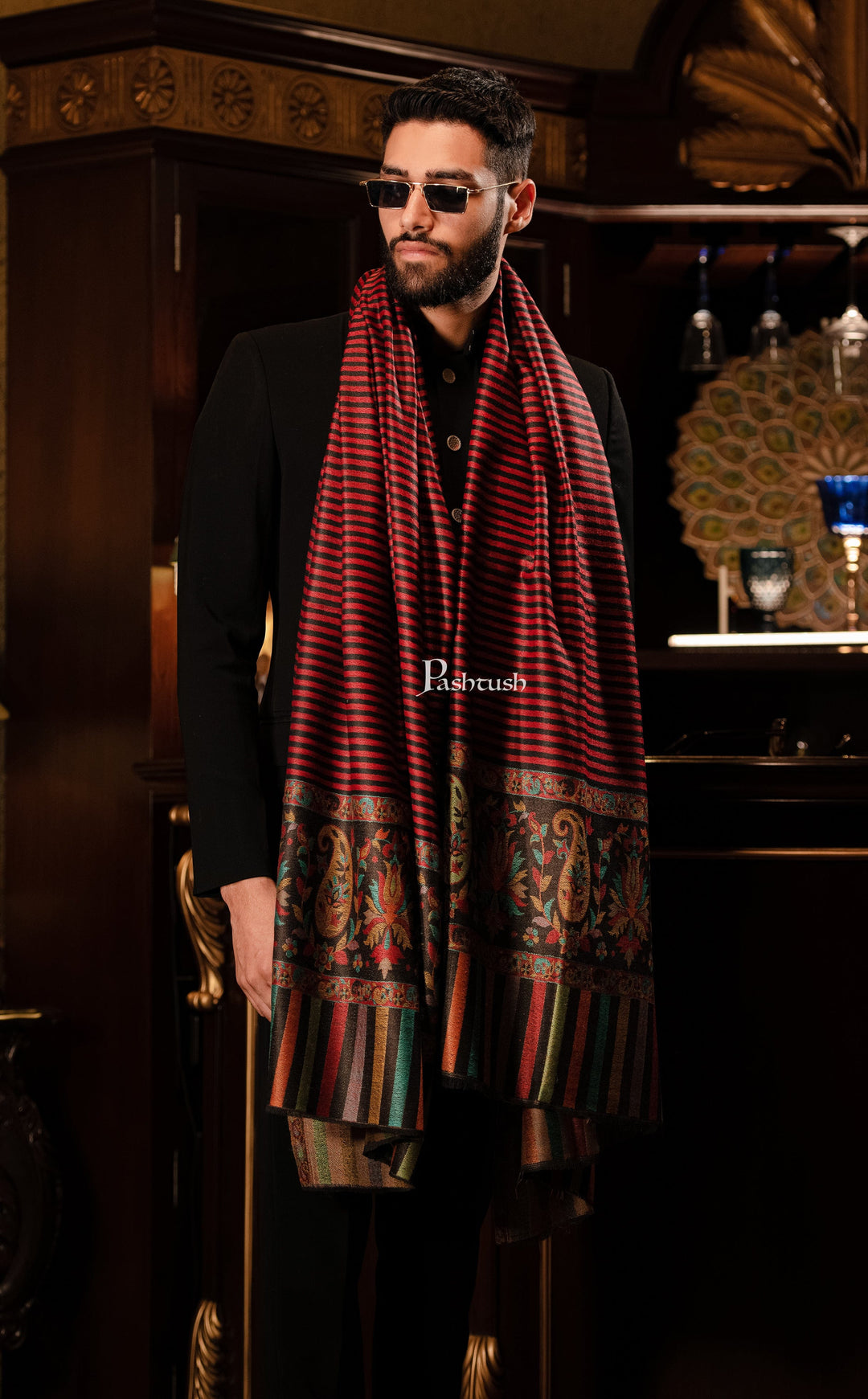 Pashtush India Mens Shawls Gents Shawl Pashtush men Extra Fine Wool shawl, Jacquard Palla design, Maroon