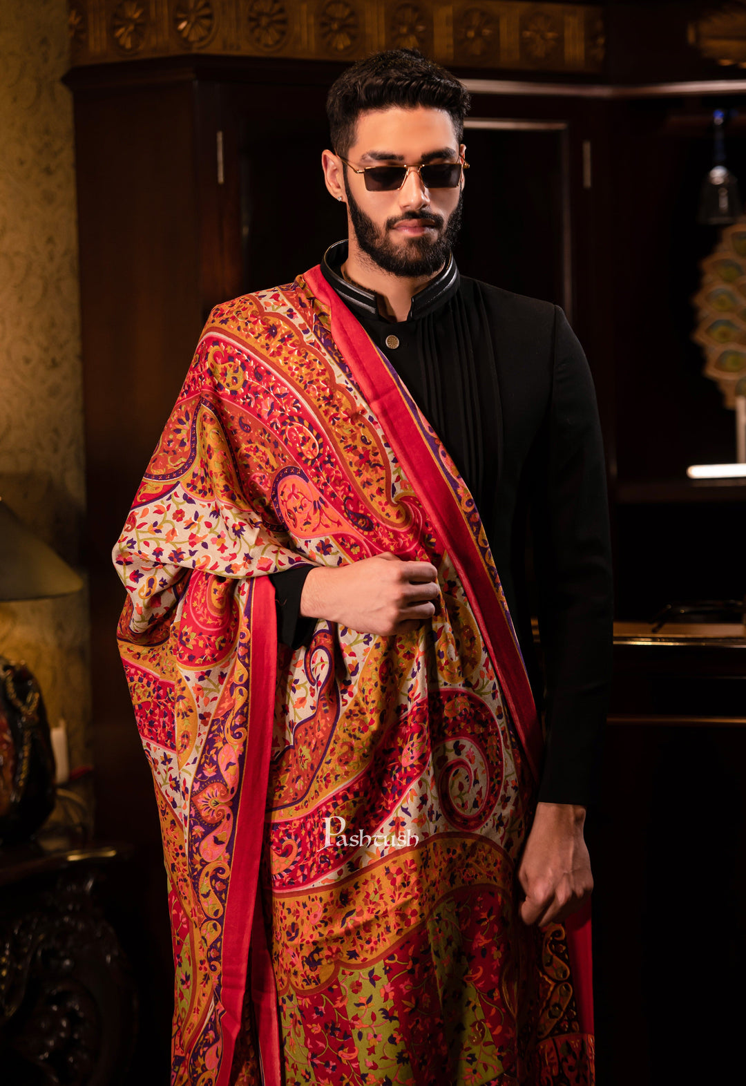 Pashtush India Mens Shawls Gents Shawl Pashtush men Fine Wool, Printed Paisley design, Multicolour