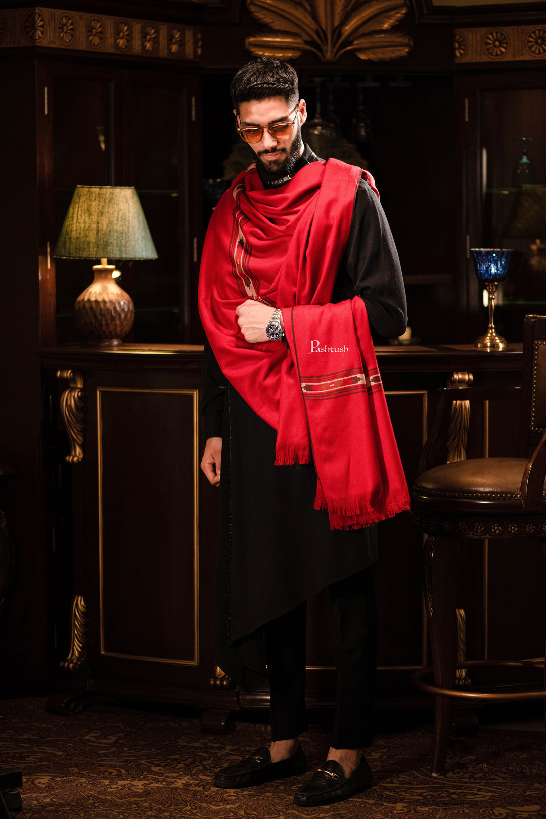 Pashtush India Mens Shawls Gents Shawl Pashtush men Fine Wool shawl, Aztec design, Mens Full Size, Maroon