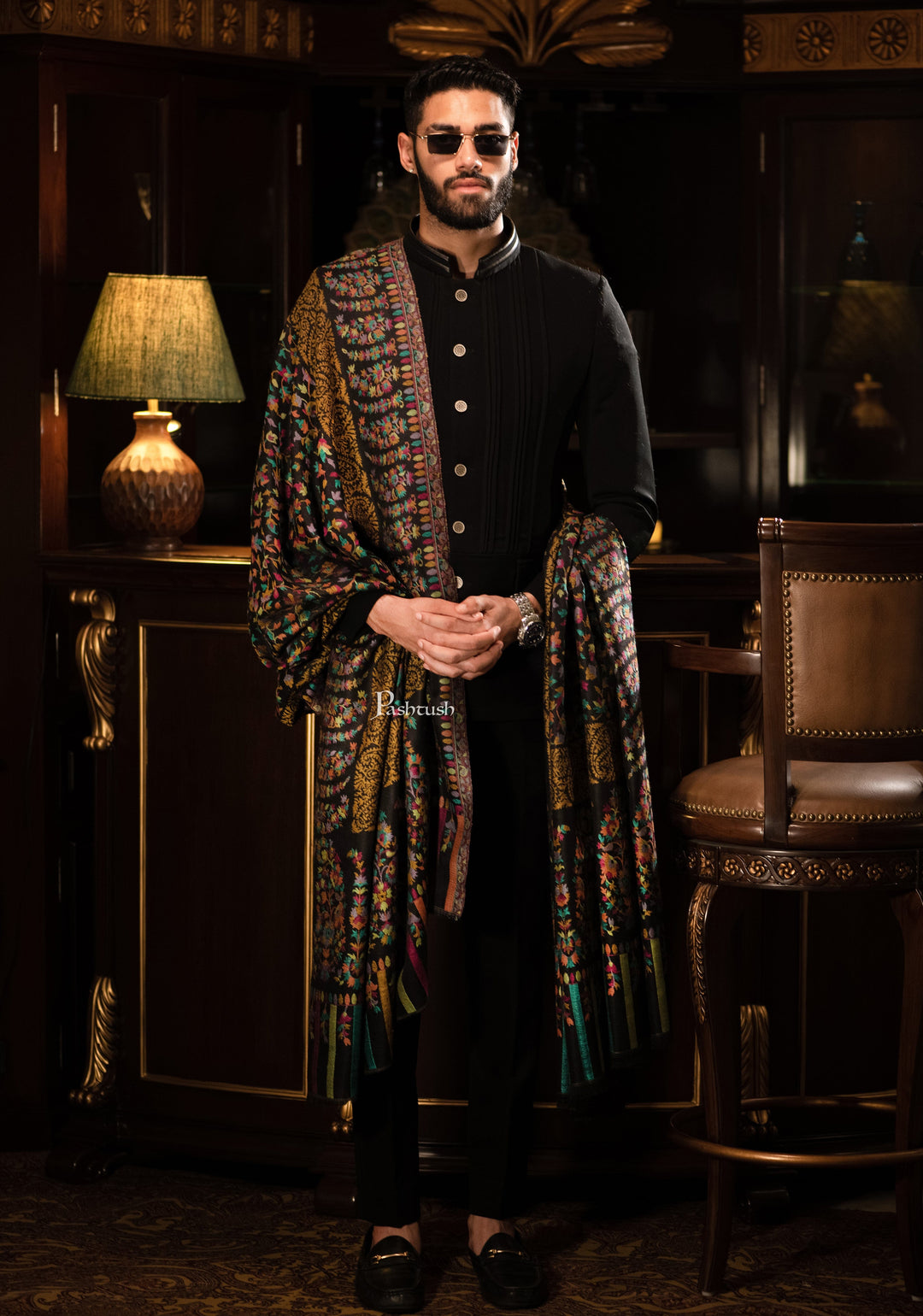 Pashtush India Mens Shawls Gents Shawl Pashtush men Fine Wool shawl, Ethnic design, Black, Mens Lohi, Full Size