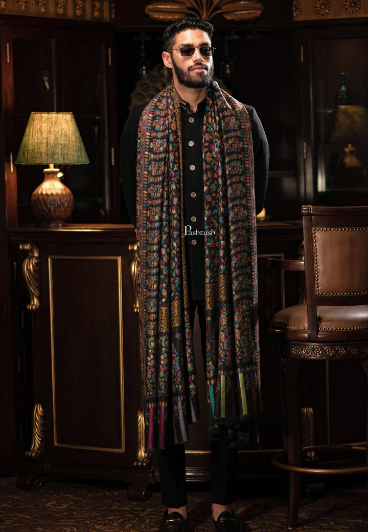 Pashtush India Mens Shawls Gents Shawl Pashtush men Fine Wool shawl, Ethnic design, Black, Mens Lohi, Full Size