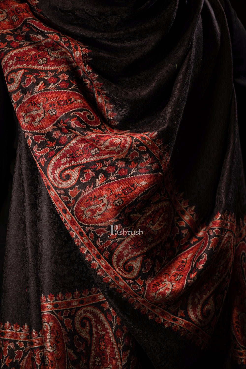 Pashtush India Mens Shawls Gents Shawl Pashtush men Fine Wool shawl, Ethnic Palla design, Black
