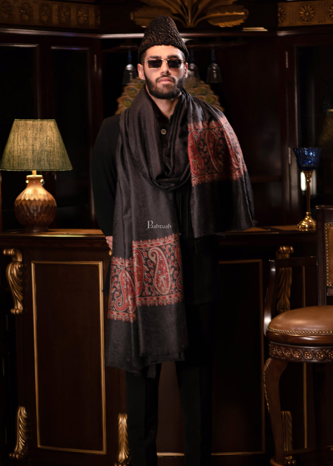 Pashtush India Mens Shawls Gents Shawl Pashtush men Fine Wool shawl, Ethnic Palla design, Black