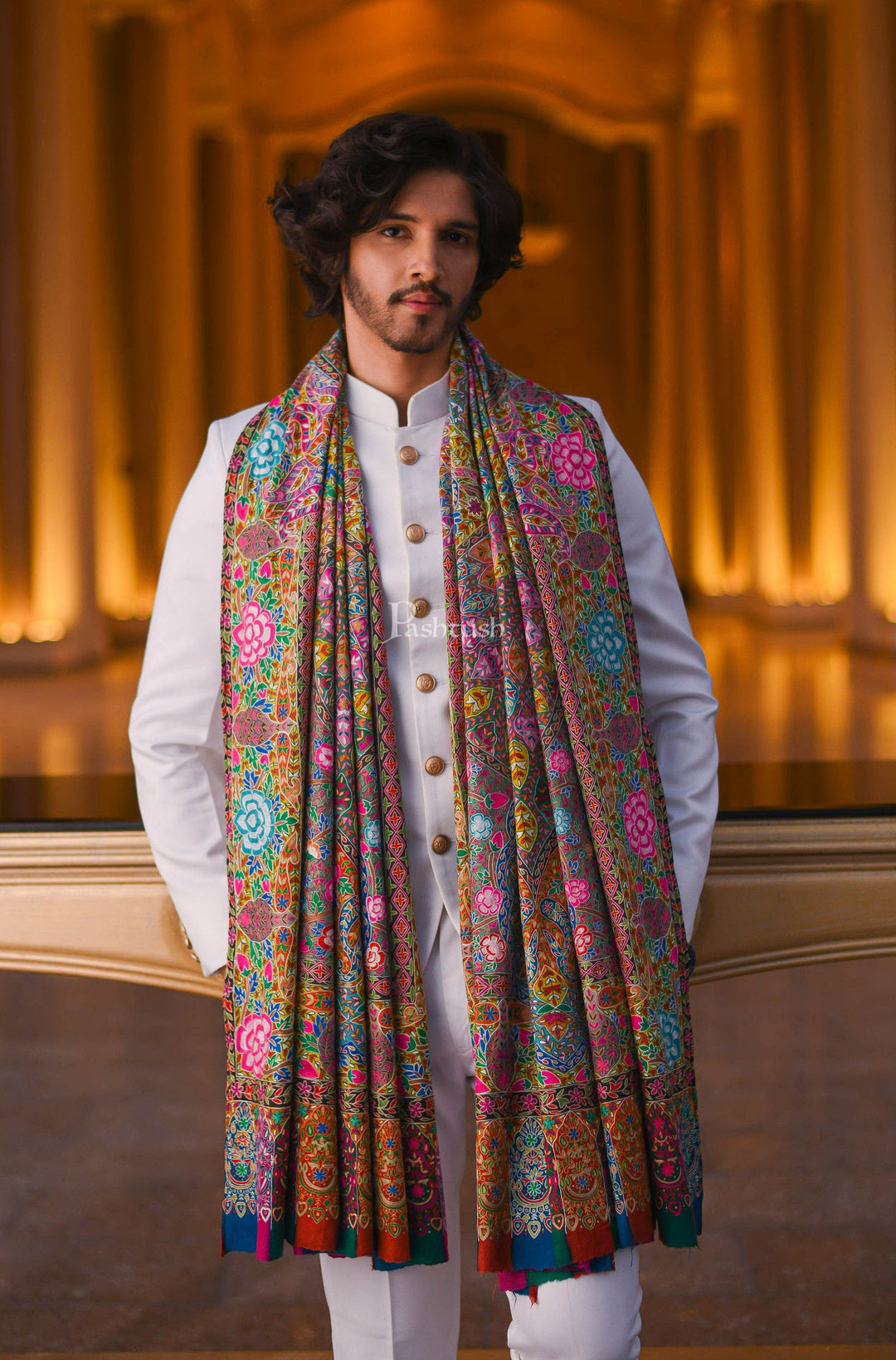 Pashtush Men Pashmina Handmade Kalamkari Shawl, Multicoloured