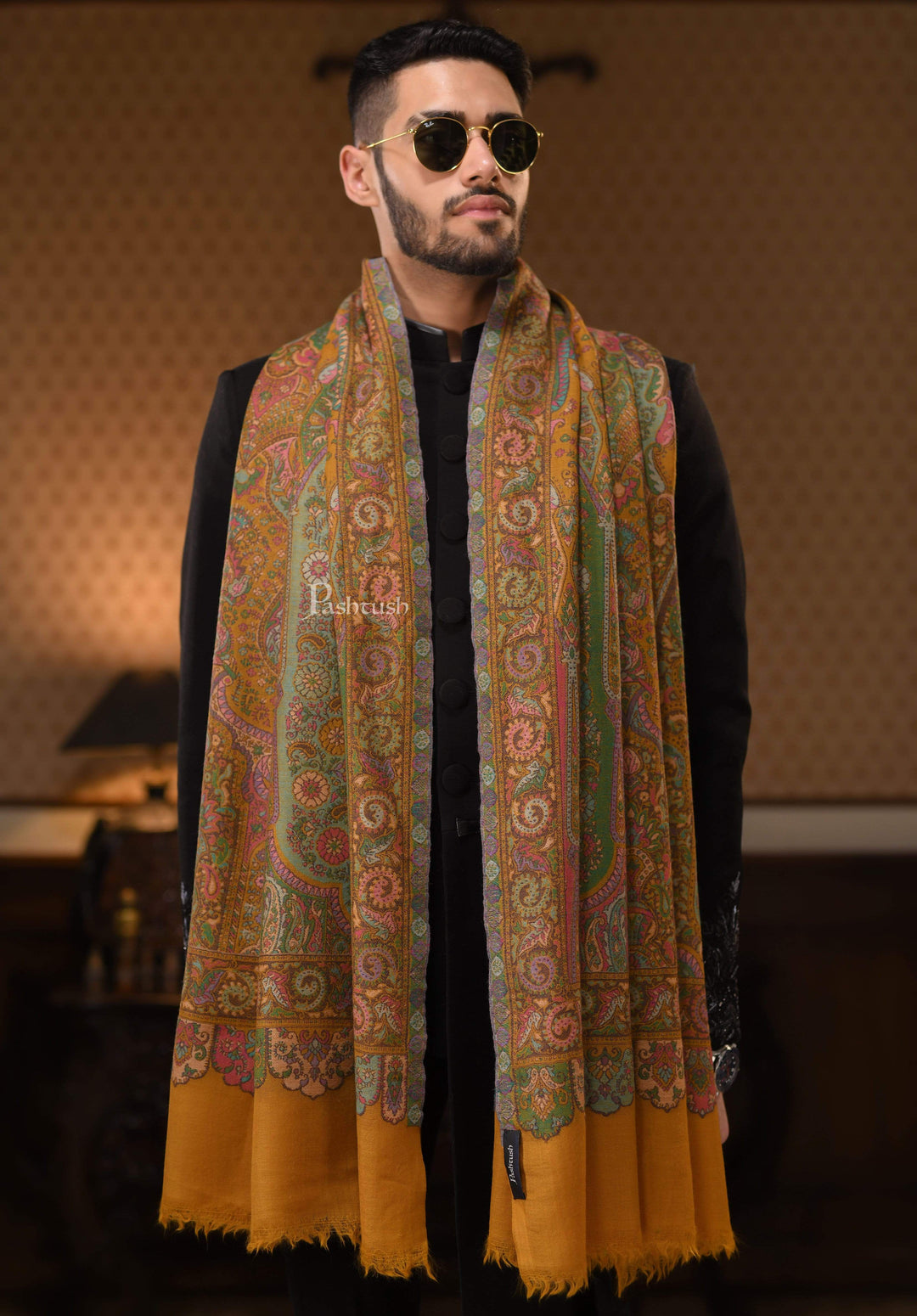 Pashtush India 100x200 Pashtush Mens 100% Certified Pure Wool, Woven Kalamkari Design Shawl, Mustard