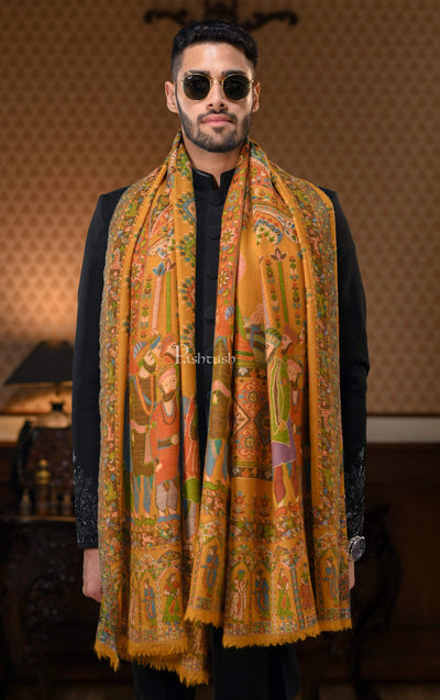 Pashtush India 100x200 Pashtush Mens 100% Pure Wool Darbar Design Shawl, With Woolmark Certification