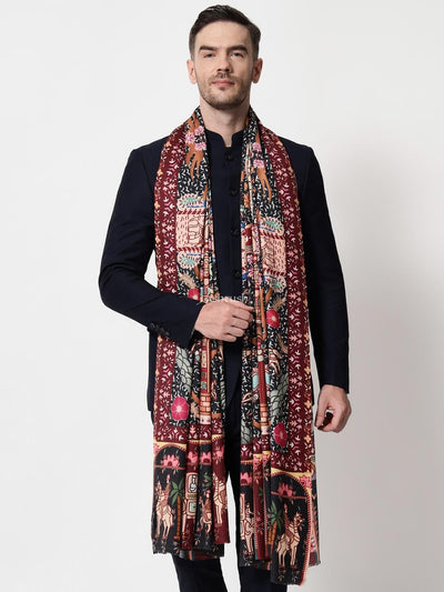 Pashtush India Mens Shawls Gents Shawl Pashtush mens 100% Pure Wool with Woolmark Certificate shawl, Darbar printed design, Multicolour