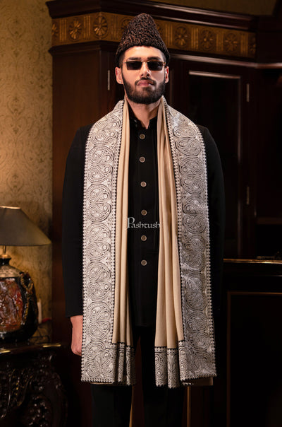 Pashtush India Mens Shawls Gents Shawl Pashtush mens 100% Pure Wool with Woolmark Certificate shawl, Meetallic Tilla border weave design, Beige