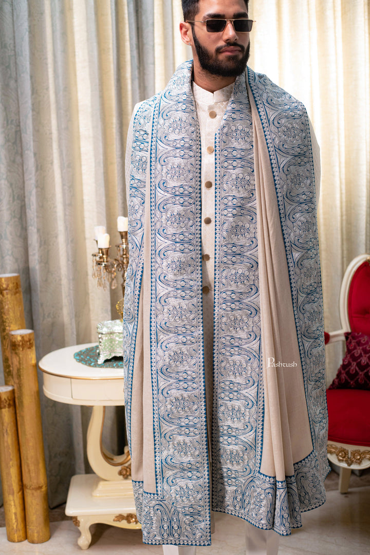 Pashtush India Mens Shawls Gents Shawl Pashtush mens 100% Pure Wool with Woolmark Certificate shawl, Metallic Tilla border weave design, Beige