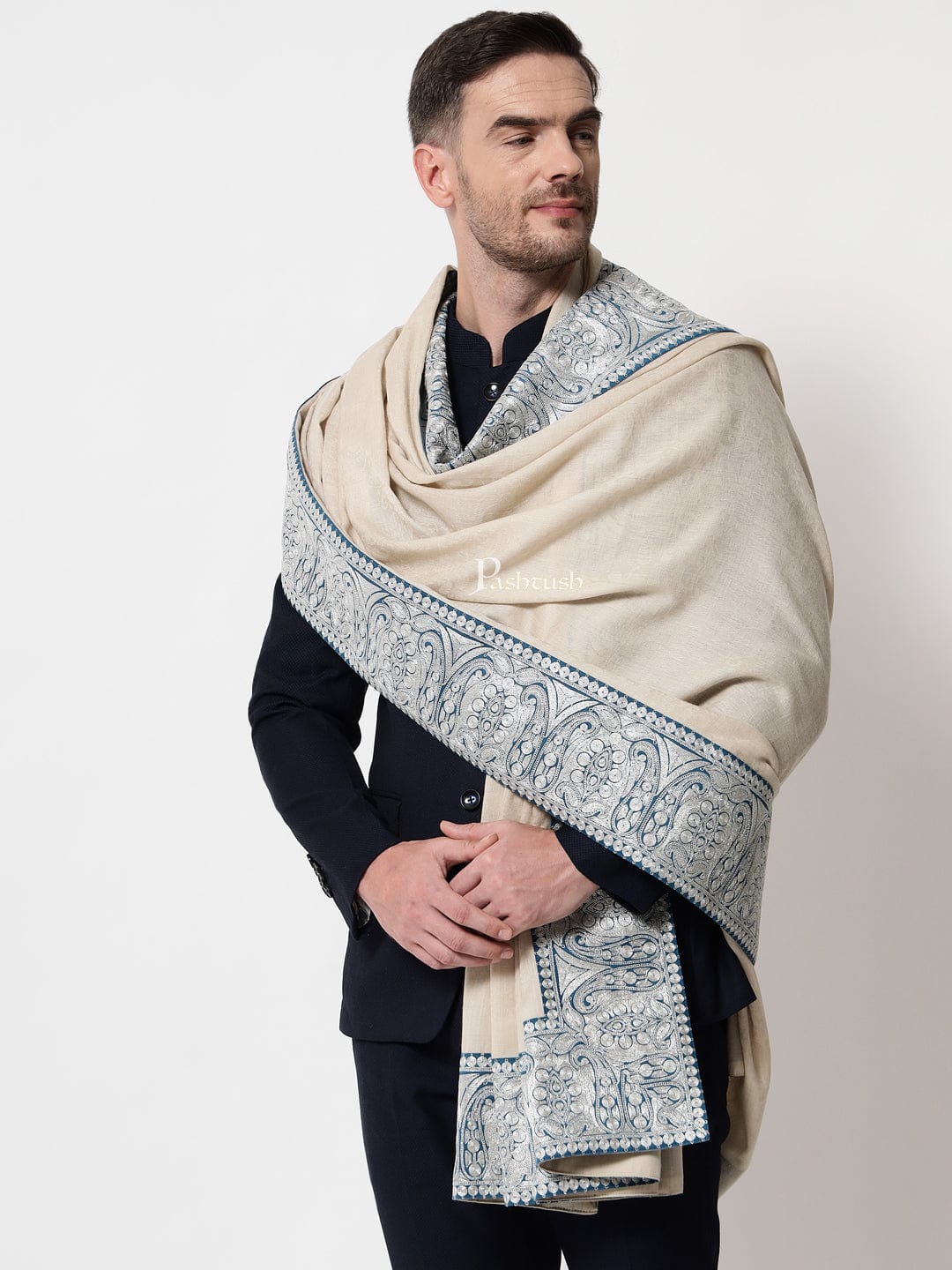 Pashtush India Mens Shawls Gents Shawl Pashtush mens 100% Pure Wool with Woolmark Certificate shawl, Metallic Tilla border weave design, Beige