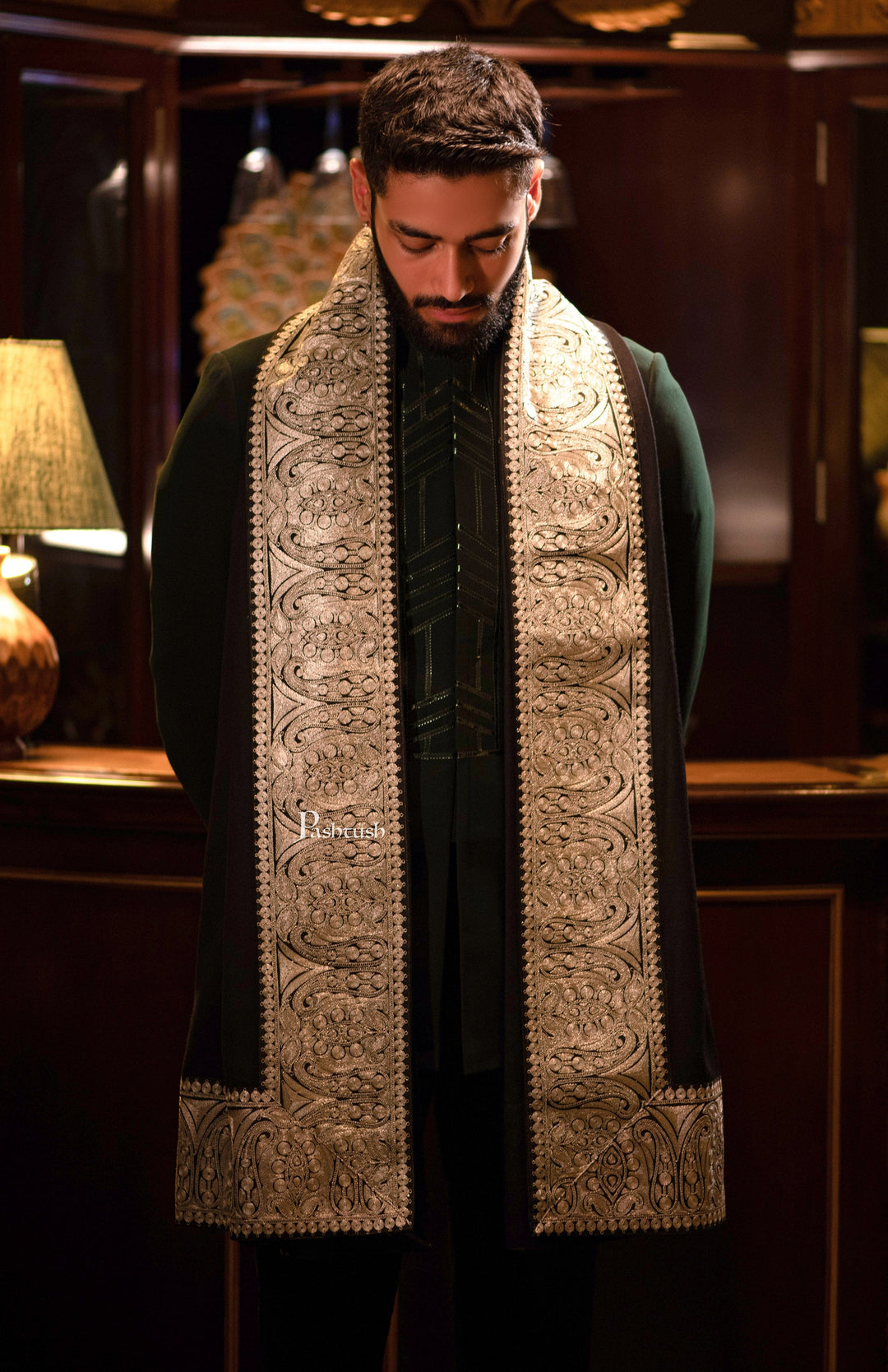 Pashtush India Mens Scarves Stoles and Mufflers Pashtush mens 100% Pure Wool with Woolmark Certificate shawl, Metallic Tilla border weave design, Black