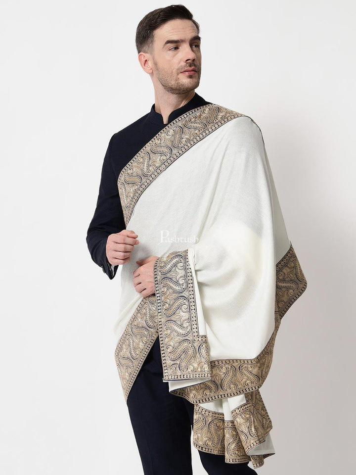 Pashtush India Mens Shawls Gents Shawl Pashtush mens 100% Pure Wool with Woolmark Certificate shawl, Metallic Tilla border weave design, Ivory