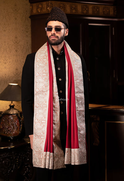 Pashtush India Mens Scarves Stoles and Mufflers Pashtush mens 100% Pure Wool with Woolmark Certificate shawl, Metallic Tilla border weave design, Maroon
