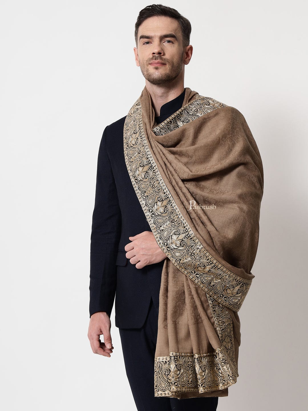 Pashtush India Mens Shawls Gents Shawl Pashtush mens 100% Pure Wool with Woolmark Certificate shawl, Metallic Tilla border weave design, Taupe