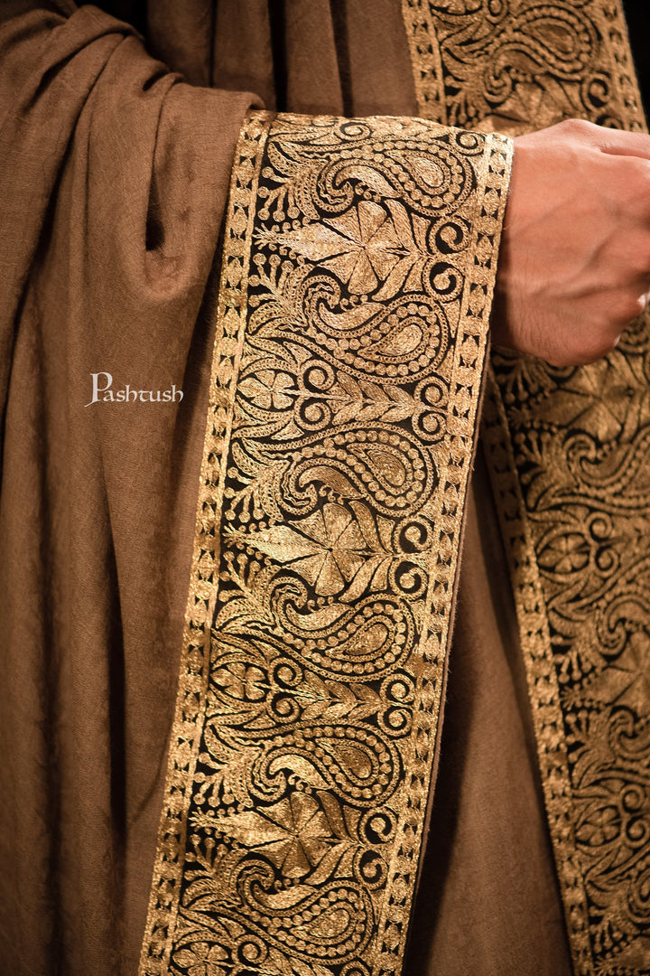 Pashtush India Mens Shawls Gents Shawl Pashtush mens 100% Pure Wool with Woolmark Certificate shawl, Metallic Tilla border weave design, Taupe
