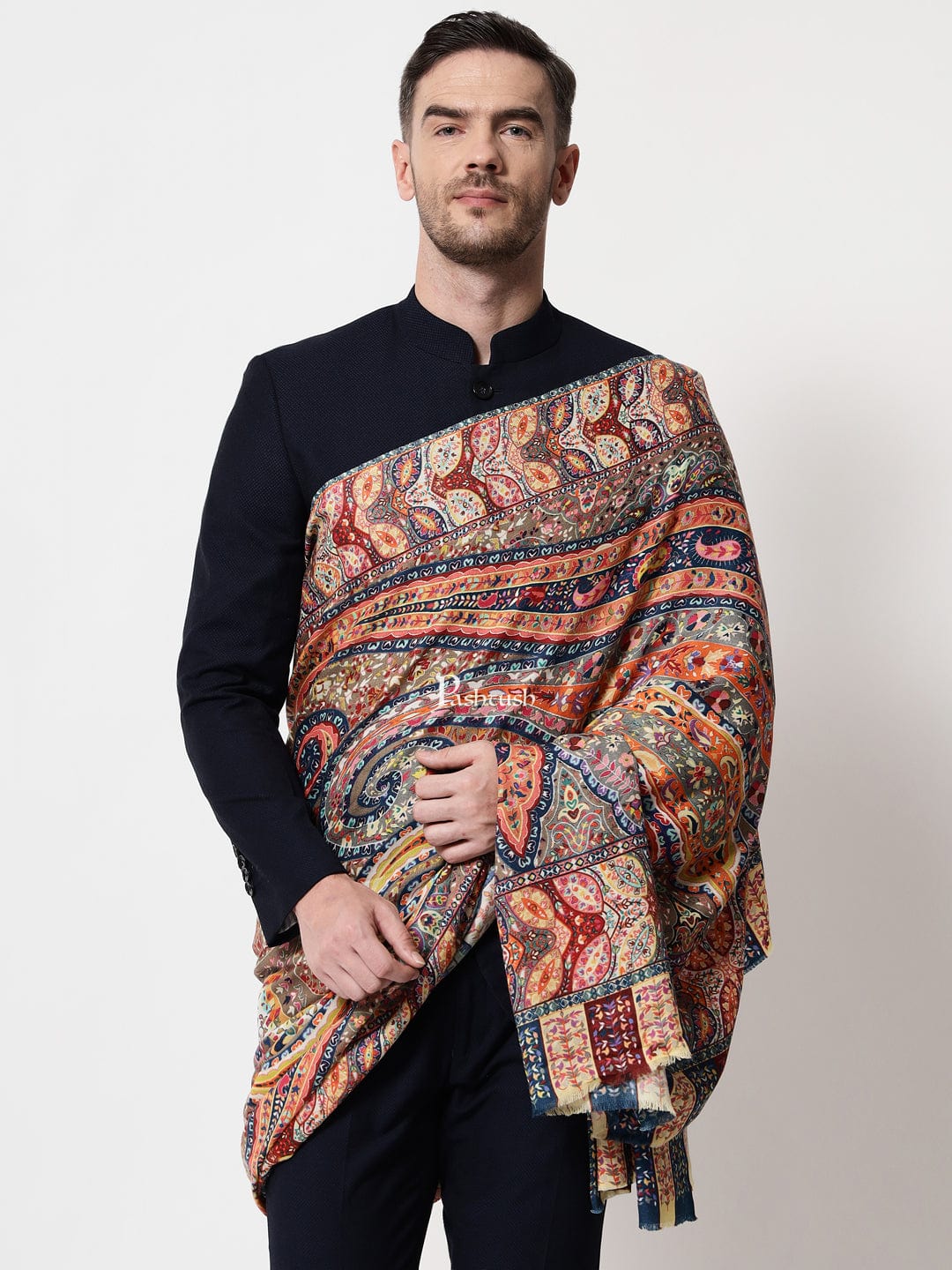 Pashtush India Mens Scarves Stoles and Mufflers Pashtush mens 100% Pure Wool with Woolmark Certificate shawl, Printed Kalamkari design, Multicolour