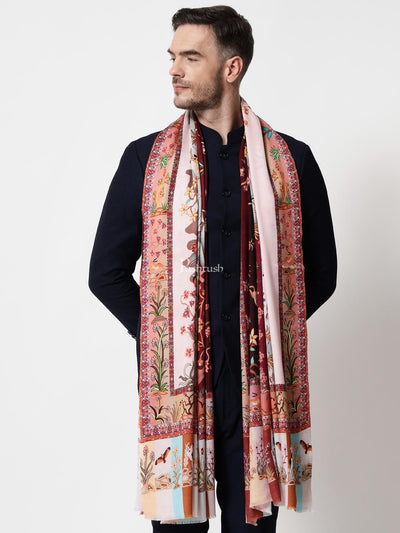 Pashtush India Mens Shawls Gents Shawl Pashtush mens 100% Pure Wool with Woolmark Certificate shawl, Shikaar-Dar design, Multicolour