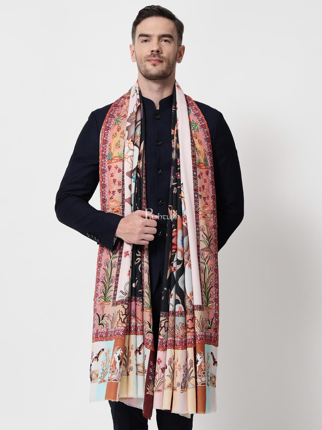 Pashtush India Mens Shawls Gents Shawl Pashtush mens 100% Pure Wool with Woolmark Certificate shawl, Shikaar-Dar design, Multicolour