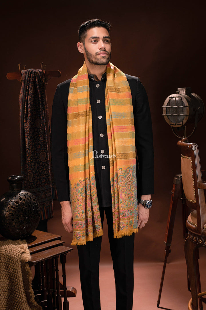Pashtush India Mens Scarves Stoles and Mufflers Pashtush mens 100% Pure Wool with Woolmark Certificate stole, Ethnic Stripe design, Mustard