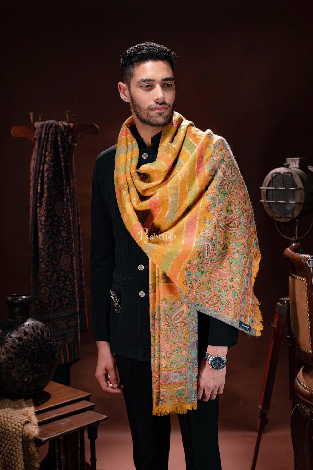 Pashtush India Mens Scarves Stoles and Mufflers Pashtush mens 100% Pure Wool with Woolmark Certificate stole, Ethnic Stripe design, Mustard