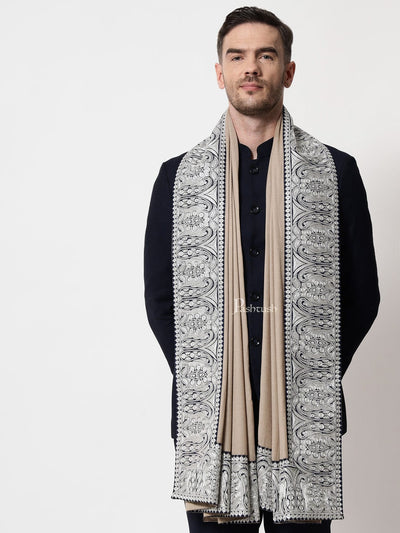 Pashtush India Mens Scarves Stoles and Mufflers Pashtush mens 100% Pure Wool with Woolmark Certificate stole, Metallic Tilla border weave design, Beige