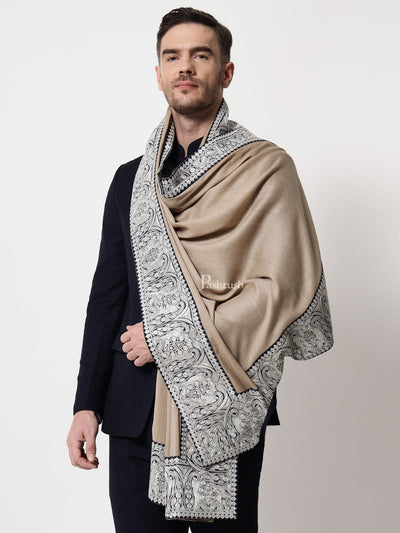 Pashtush India Mens Scarves Stoles and Mufflers Pashtush mens 100% Pure Wool with Woolmark Certificate stole, Metallic Tilla border weave design, Beige