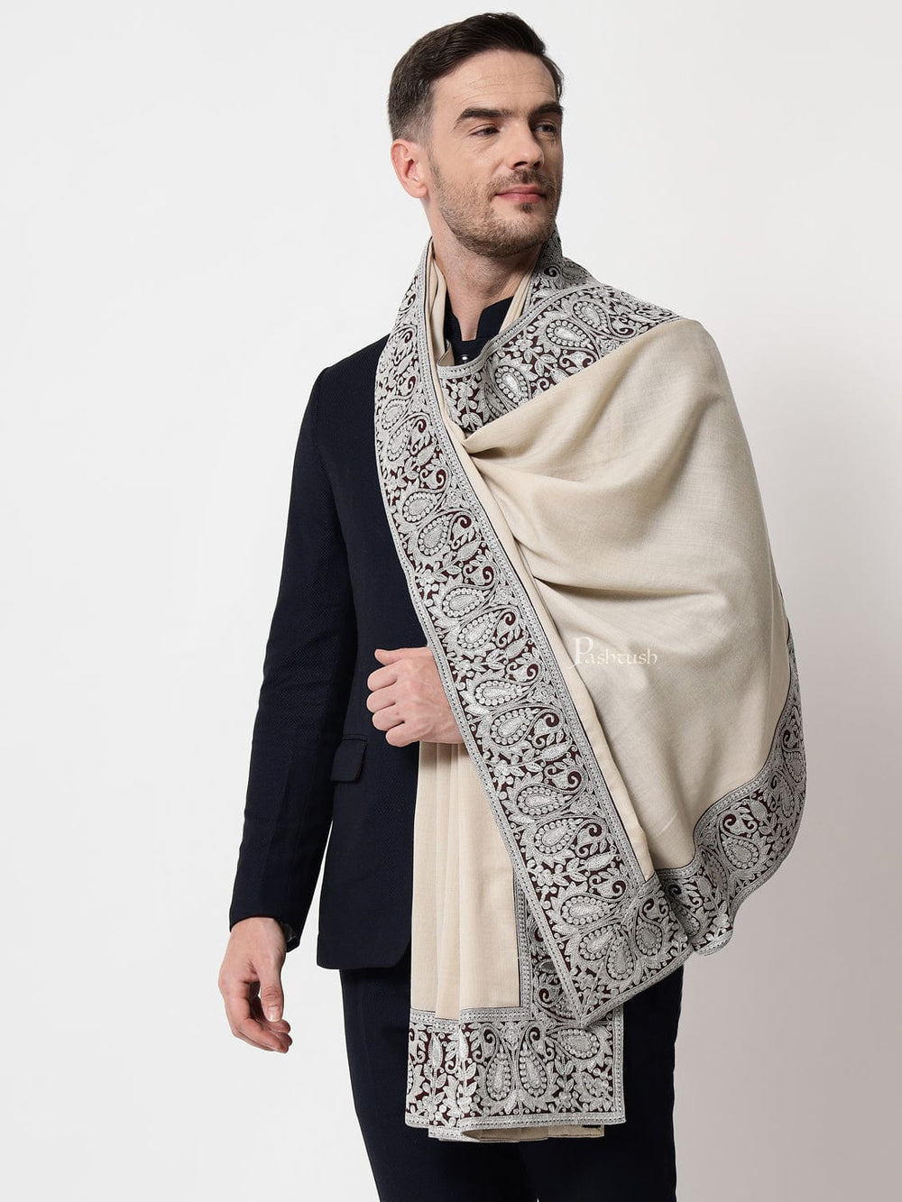 Pashtush India Mens Scarves Stoles and Mufflers Pashtush mens 100% Pure Wool with Woolmark Certificate stole, Metallic Tilla border weave design, Taupe